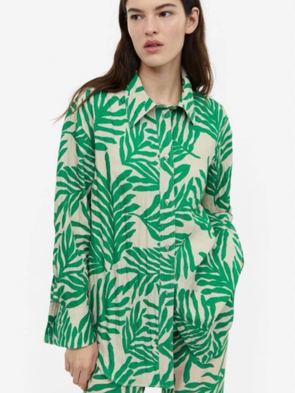H&M Green Leaf Print Button-Up Shirt and Pant Set